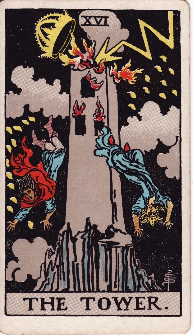 The Tower tarot card from the classic 1909 deck